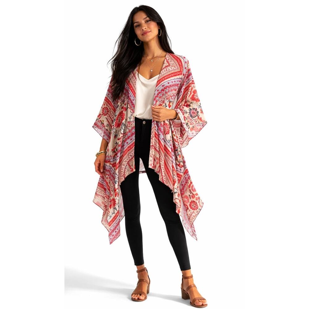 XHILARATION  Kimono Medium/Large Peach Cream Boho Lightweight